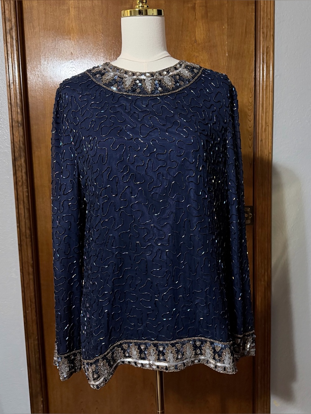 Vintage Laurence Kazar Embellished Navy Gold Heavily Beaded Top Blouse  M L